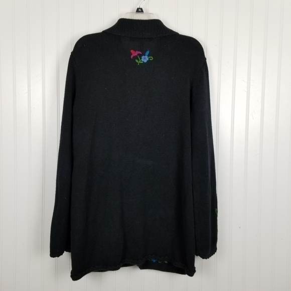 Cardigan Sweater Collar Embroidered Floral Covered Button Long Black Size Large - Picture 3 of 10